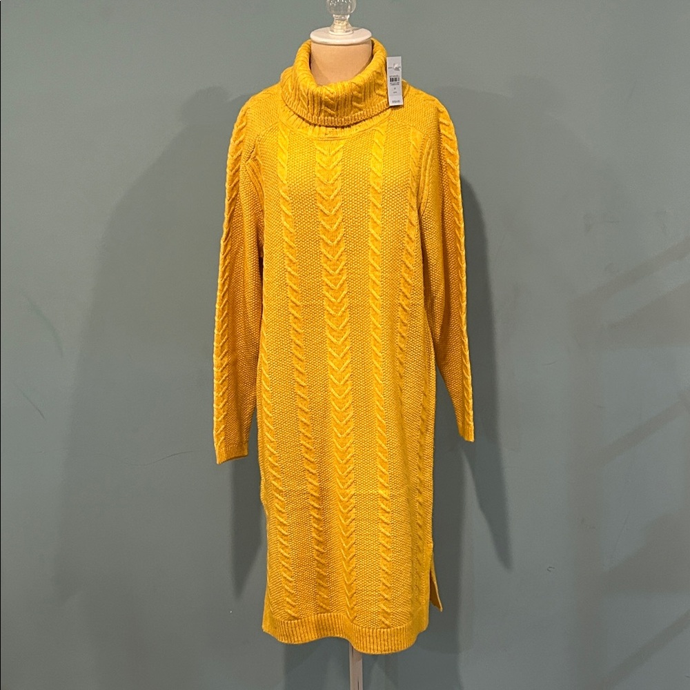 Ann Taylor Yellow Petite Turtleneck Cable Sweater Dress size Medium Petite